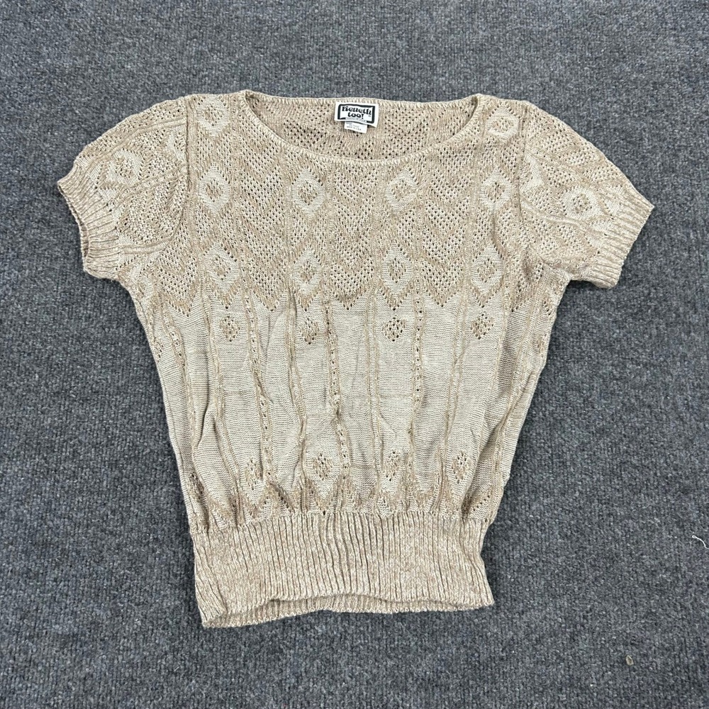 Keneth Too! Sweater Womens Size M Tan Pointelle Diamond Knit Short Sleeve USA